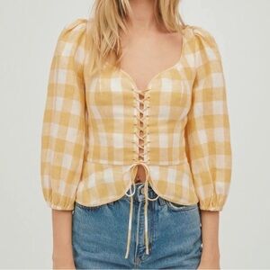 Reformation Barrett Top Linen Lace Up Checkered Blouse Gingham Peasant Yellow 4